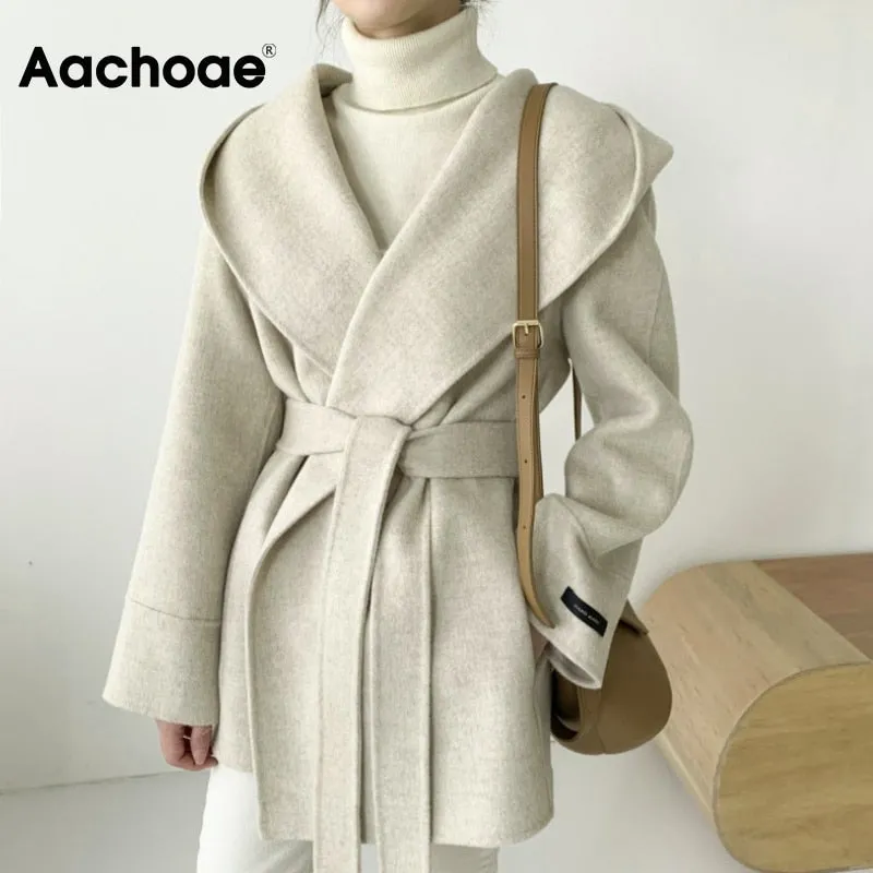 Aachoae Frauen Einfarbige Wollmäntel mit Gürtel Langarm Hoodie Taschen Mäntel Chic Elegante Oberbekleidung