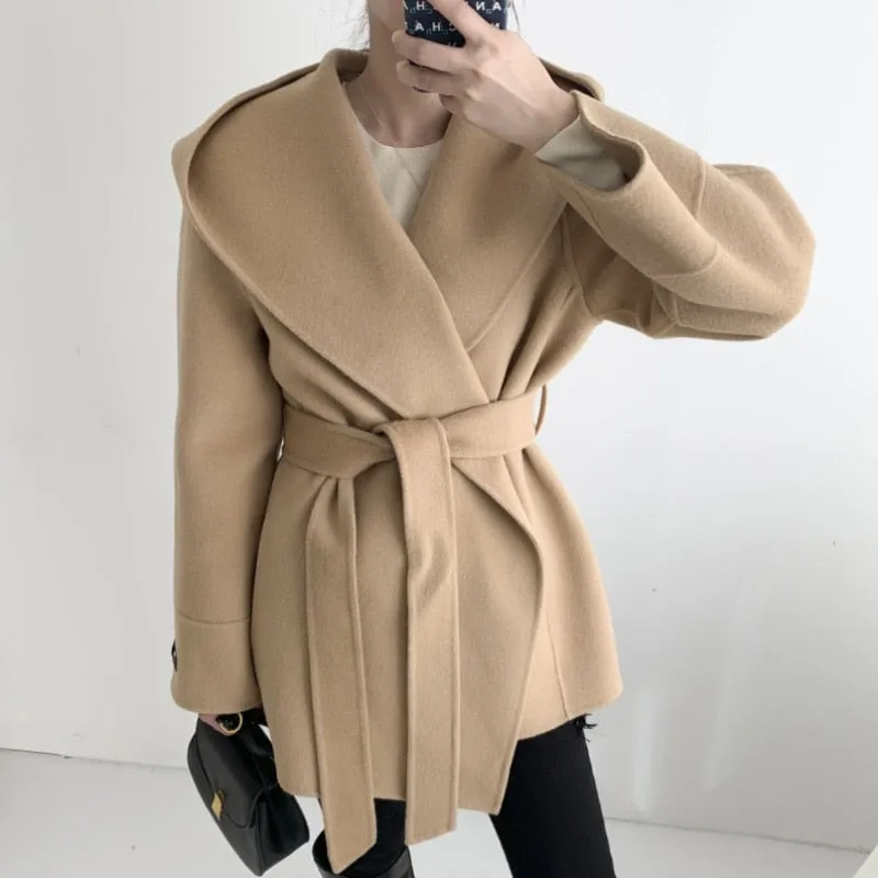 Aachoae Frauen Einfarbige Wollmäntel mit Gürtel Langarm Hoodie Taschen Mäntel Chic Elegante Oberbekleidung