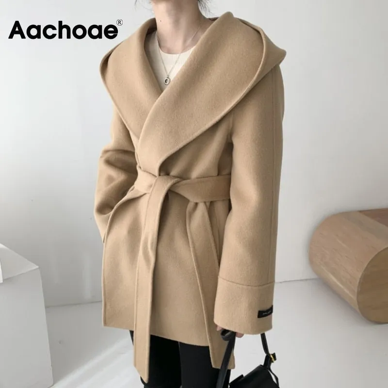 Aachoae Frauen Einfarbige Wollmäntel mit Gürtel Langarm Hoodie Taschen Mäntel Chic Elegante Oberbekleidung