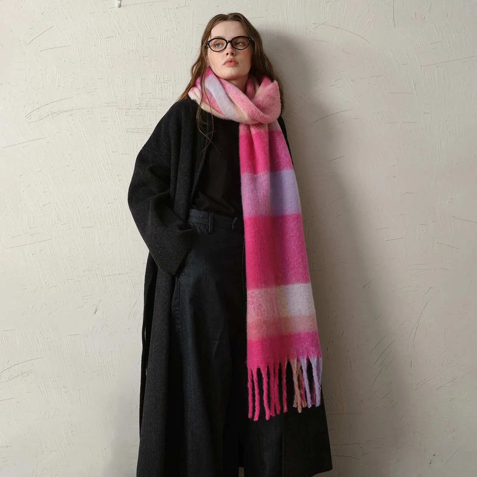 Autumn Winter Warm Thick Long Plaid Coarse Tassel Imitation Cashmere Scarf