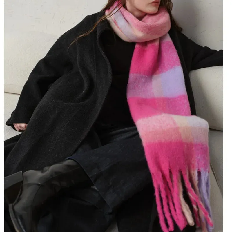 Autumn Winter Warm Thick Long Plaid Coarse Tassel Imitation Cashmere Scarf