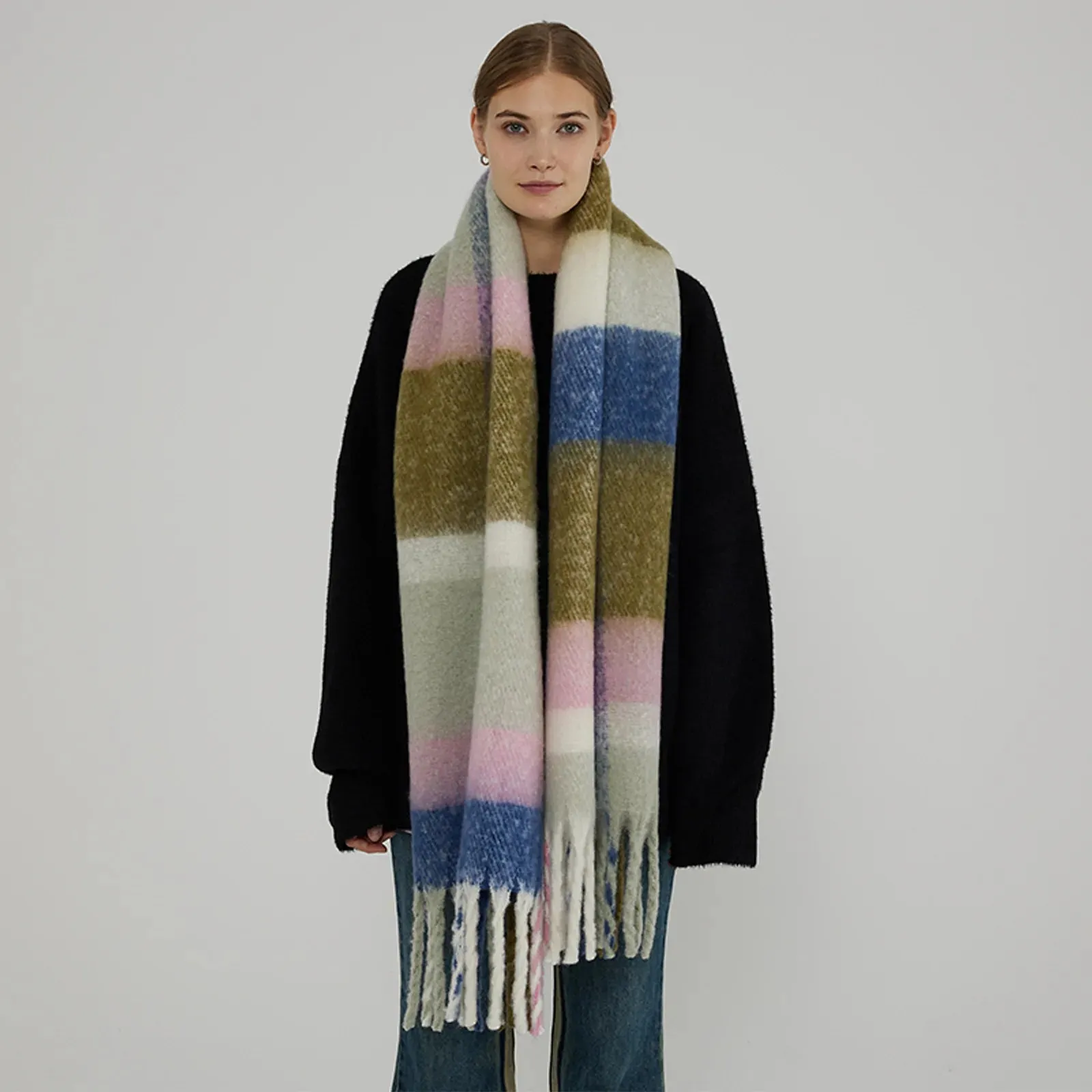 Autumn Winter Warm Thick Long Plaid Coarse Tassel Imitation Cashmere Scarf