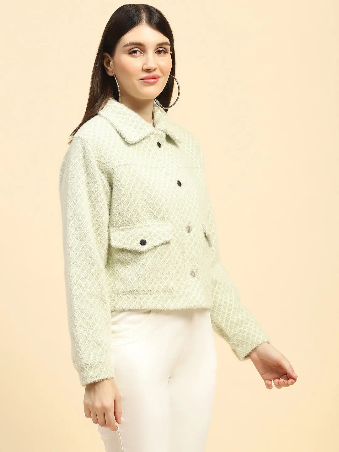 Basil Green Checkerd Poly Blend Relaxed Fit Jacket