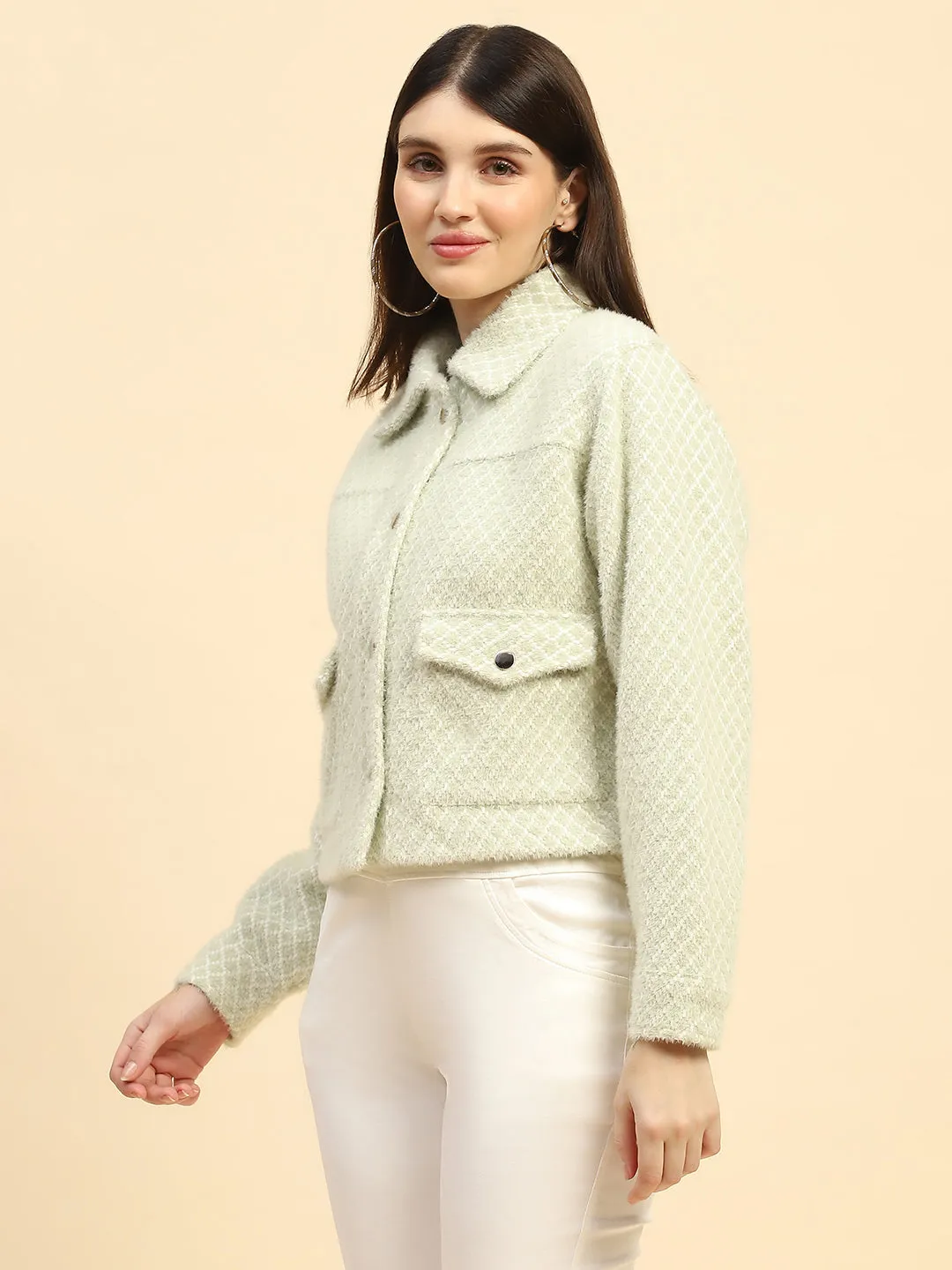 Basil Green Checkerd Poly Blend Relaxed Fit Jacket