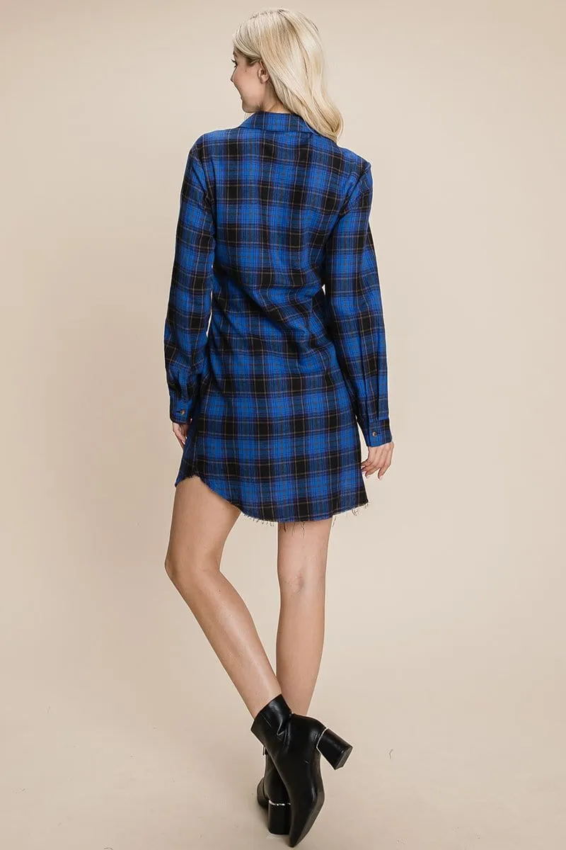 Belted Casual Tunic Cotton Plaid T Shirt Dresses