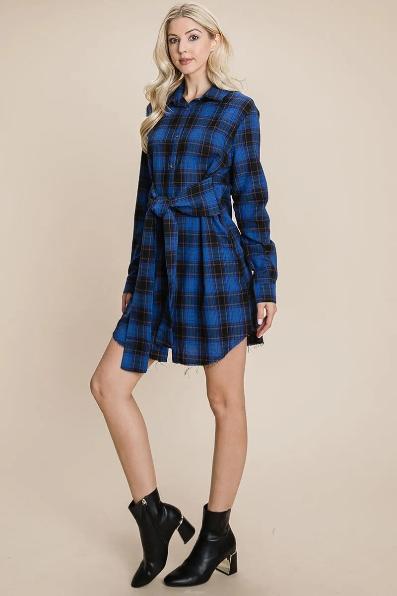 Belted Casual Tunic Cotton Plaid T Shirt Dresses