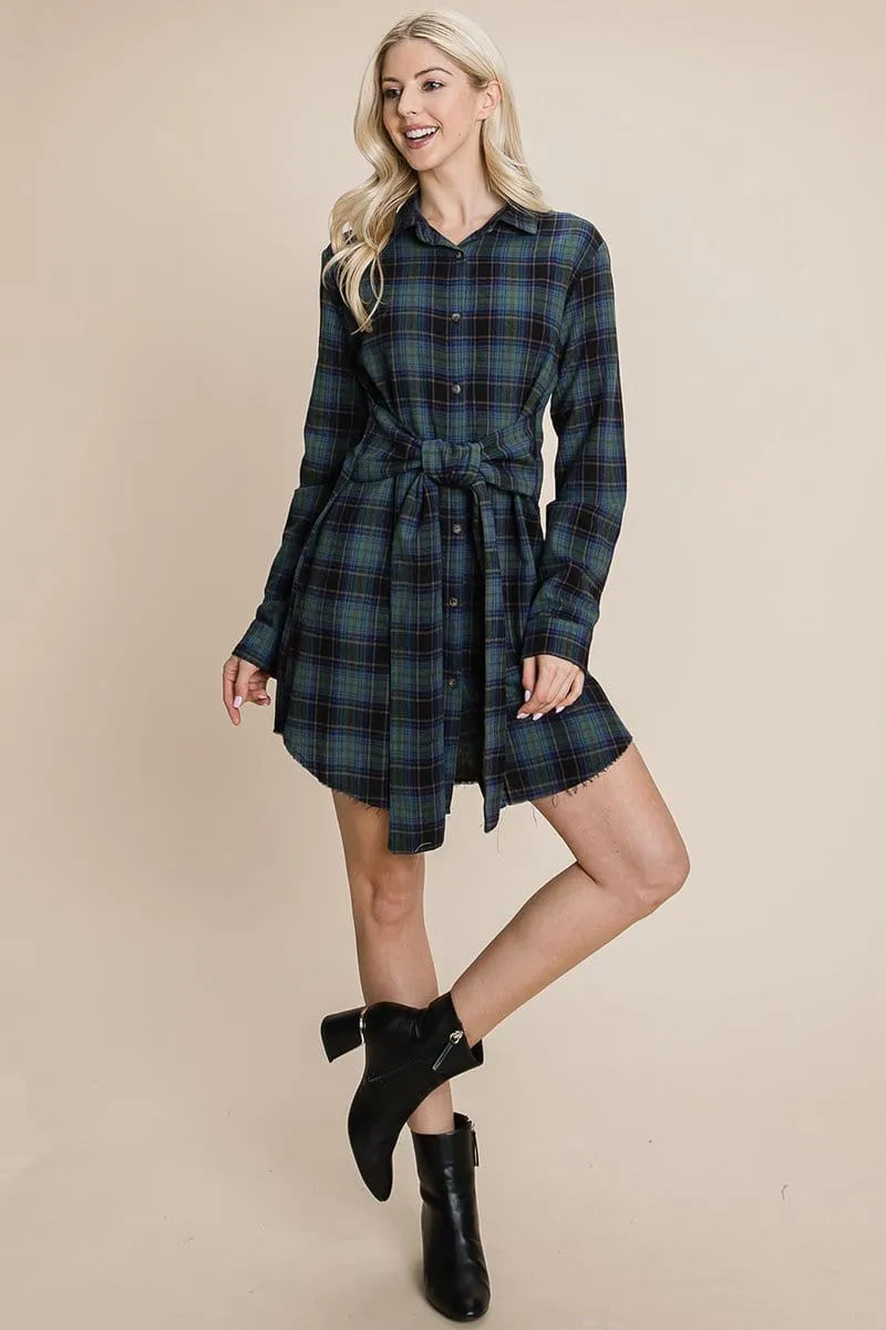 Belted Casual Tunic Cotton Plaid T Shirt Dresses