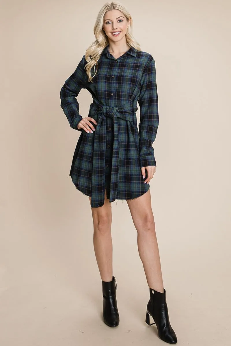 Belted Casual Tunic Cotton Plaid T Shirt Dresses