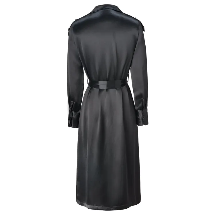 Belted Satin Trench Coat In Black