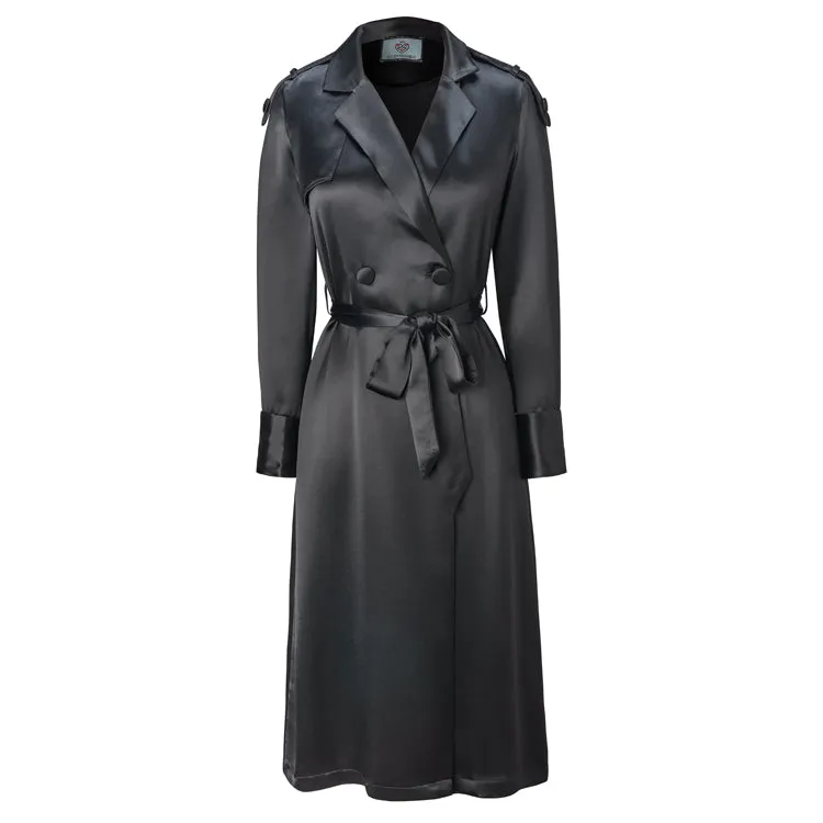 Belted Satin Trench Coat In Black