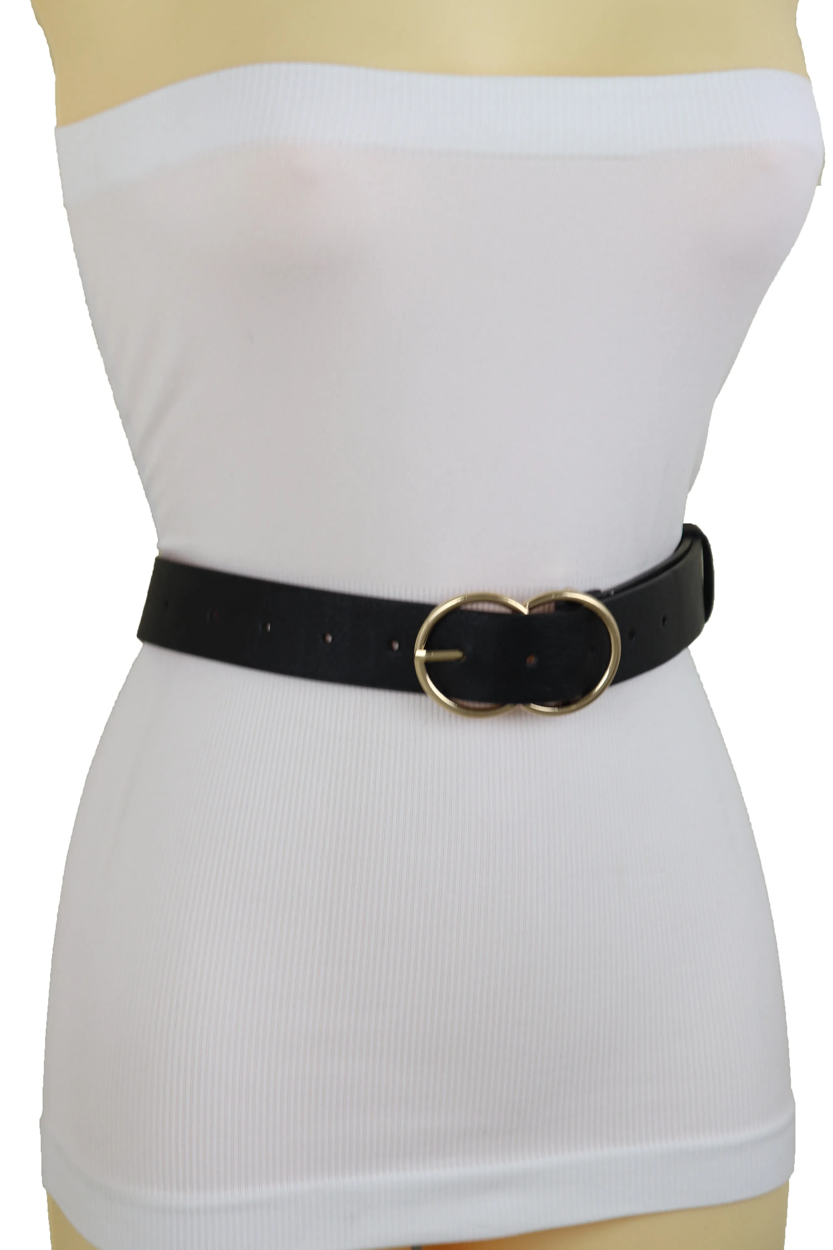 Black Color Faux Leather Classic Belt Hip High Waist Gold Buckle Size S M