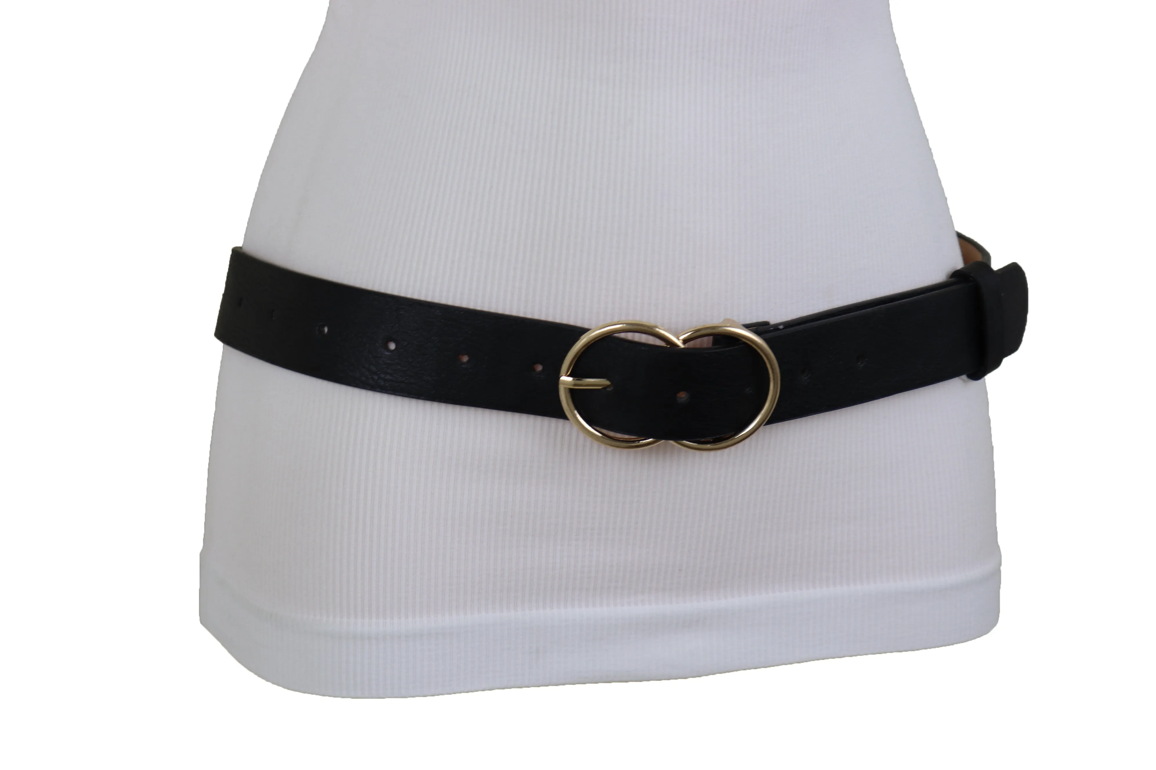 Black Color Faux Leather Classic Belt Hip High Waist Gold Buckle Size S M