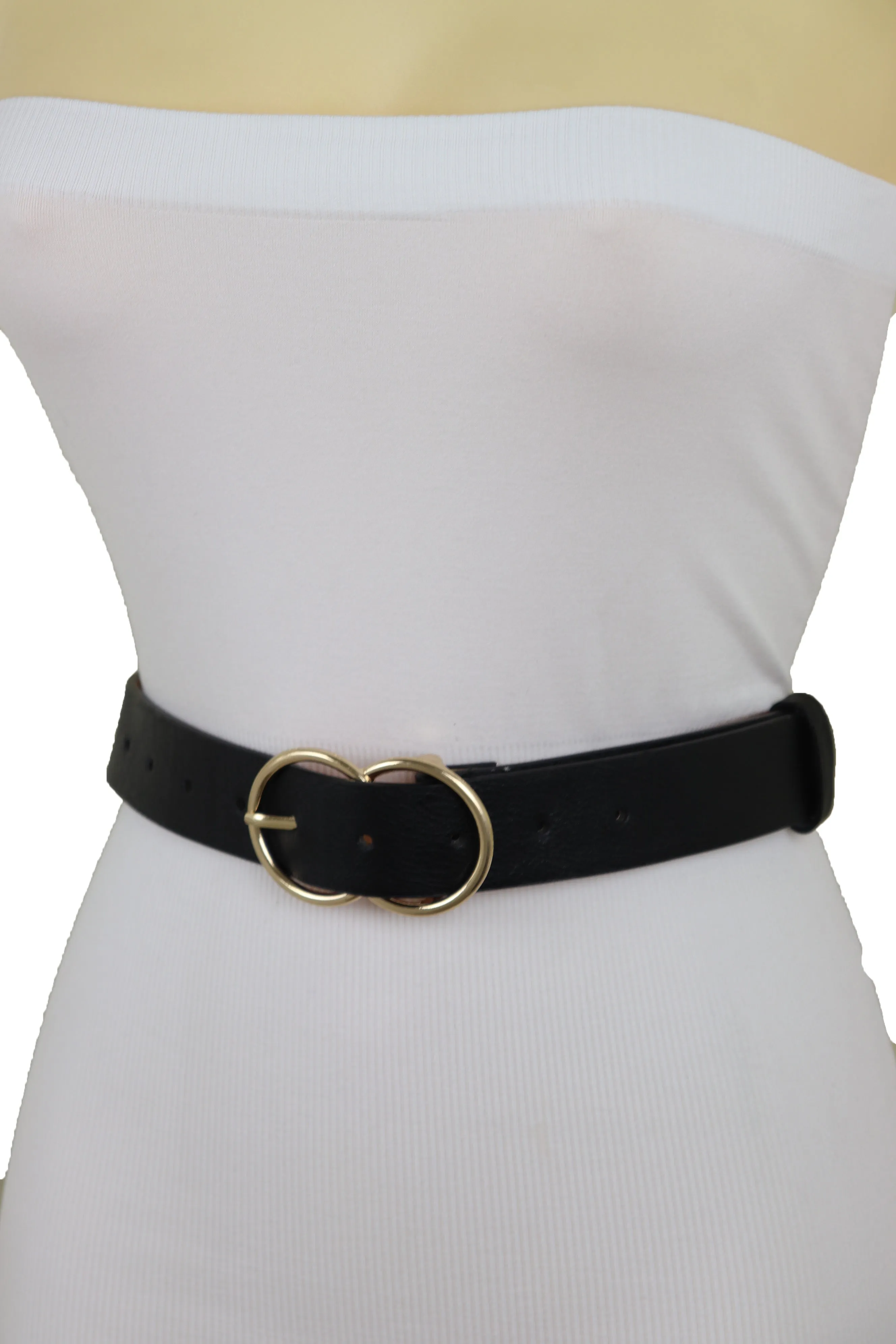 Black Color Faux Leather Classic Belt Hip High Waist Gold Buckle Size S M