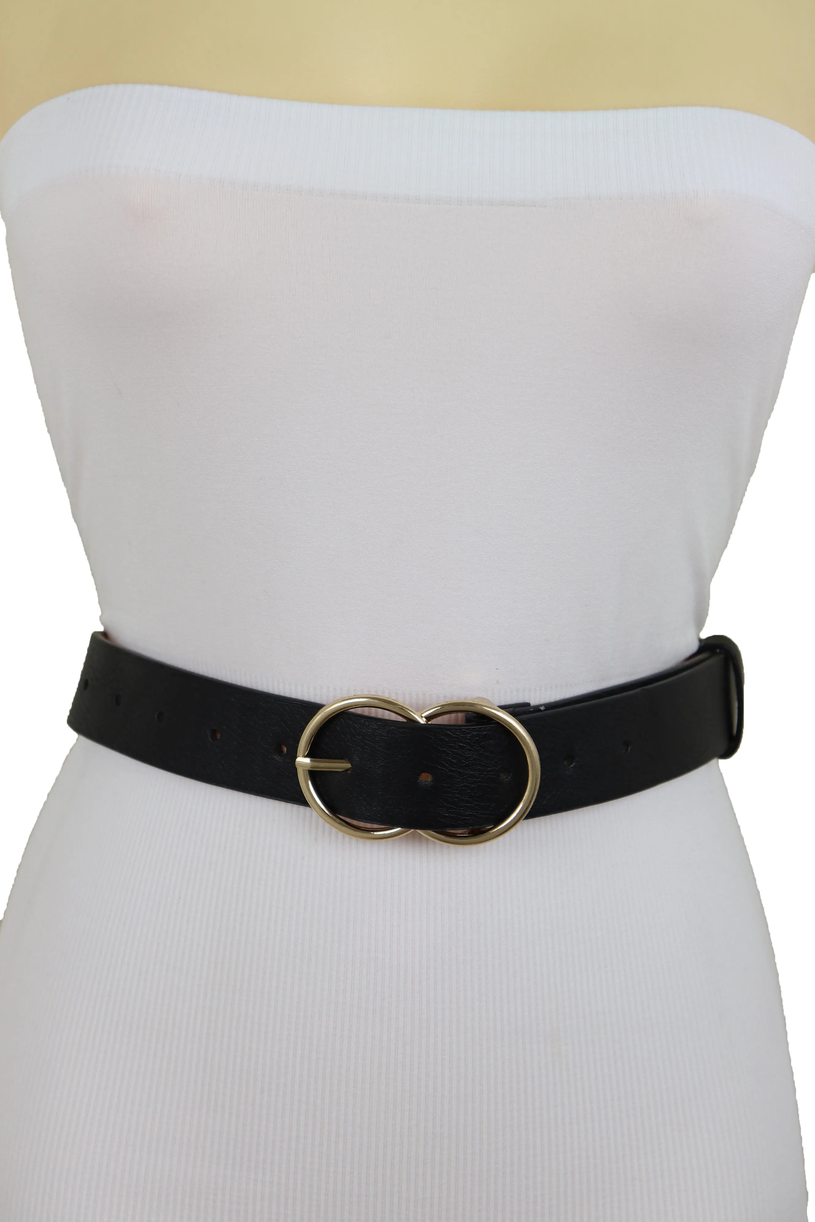 Black Color Faux Leather Classic Belt Hip High Waist Gold Buckle Size S M