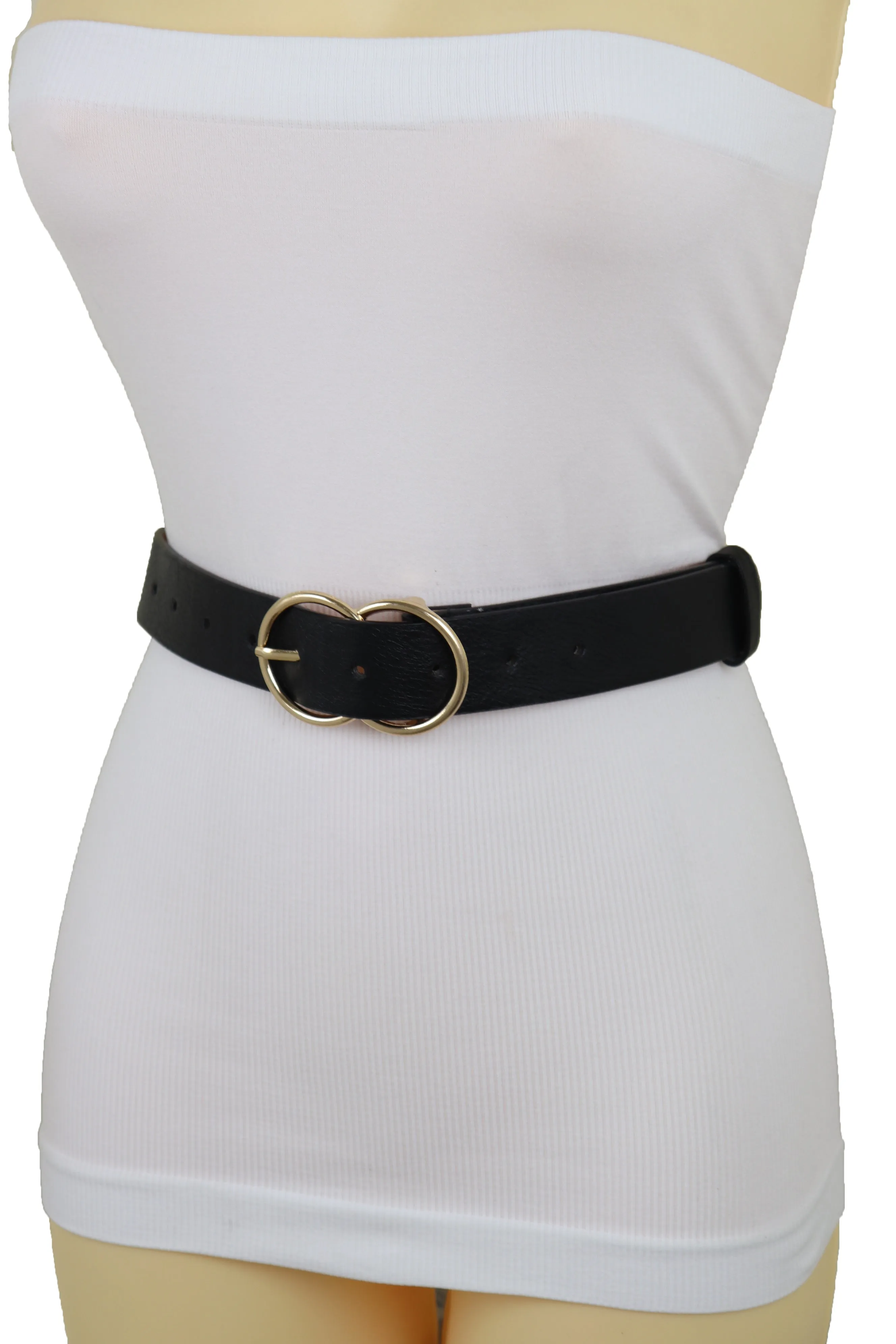 Black Color Faux Leather Classic Belt Hip High Waist Gold Buckle Size S M