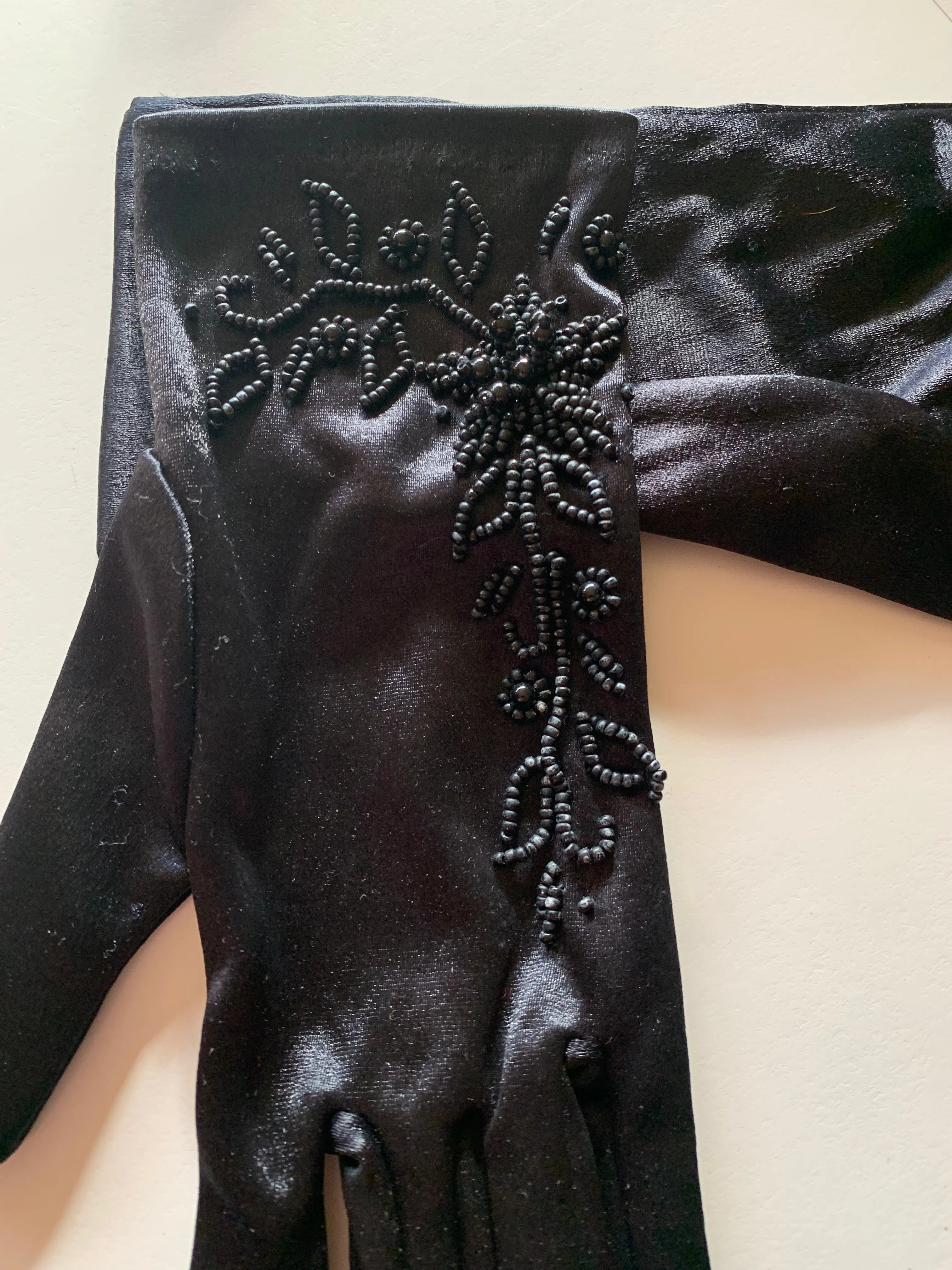 Black. Satin Beaded Satin Finish Nylon Gloves circa 1960s