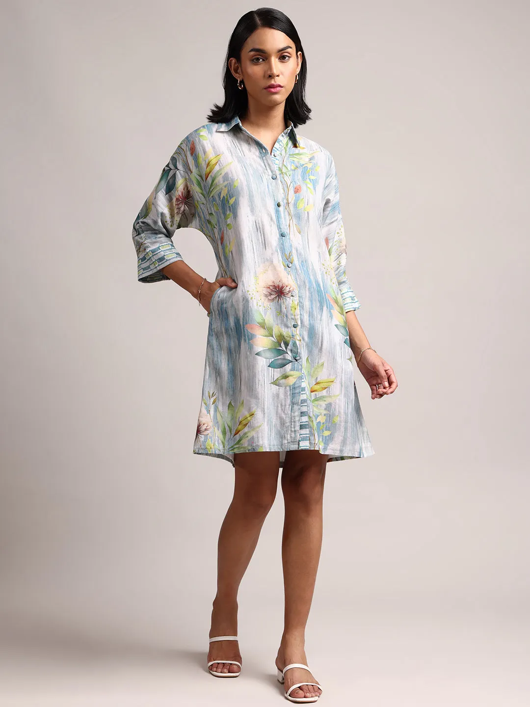 Blue Cotton Linen Floral Printed Shirt Dress  - By Janasya