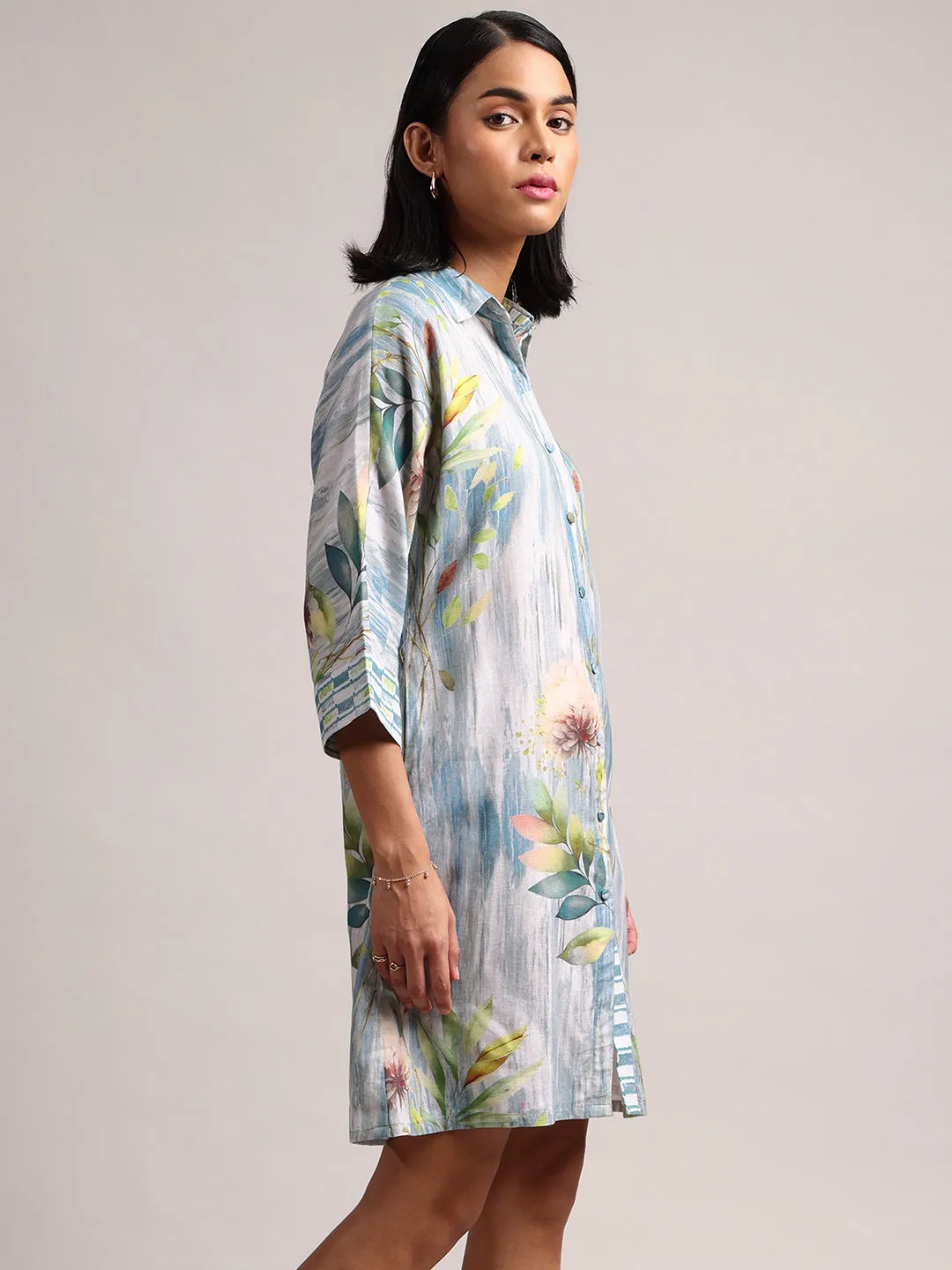 Blue Cotton Linen Floral Printed Shirt Dress  - By Janasya