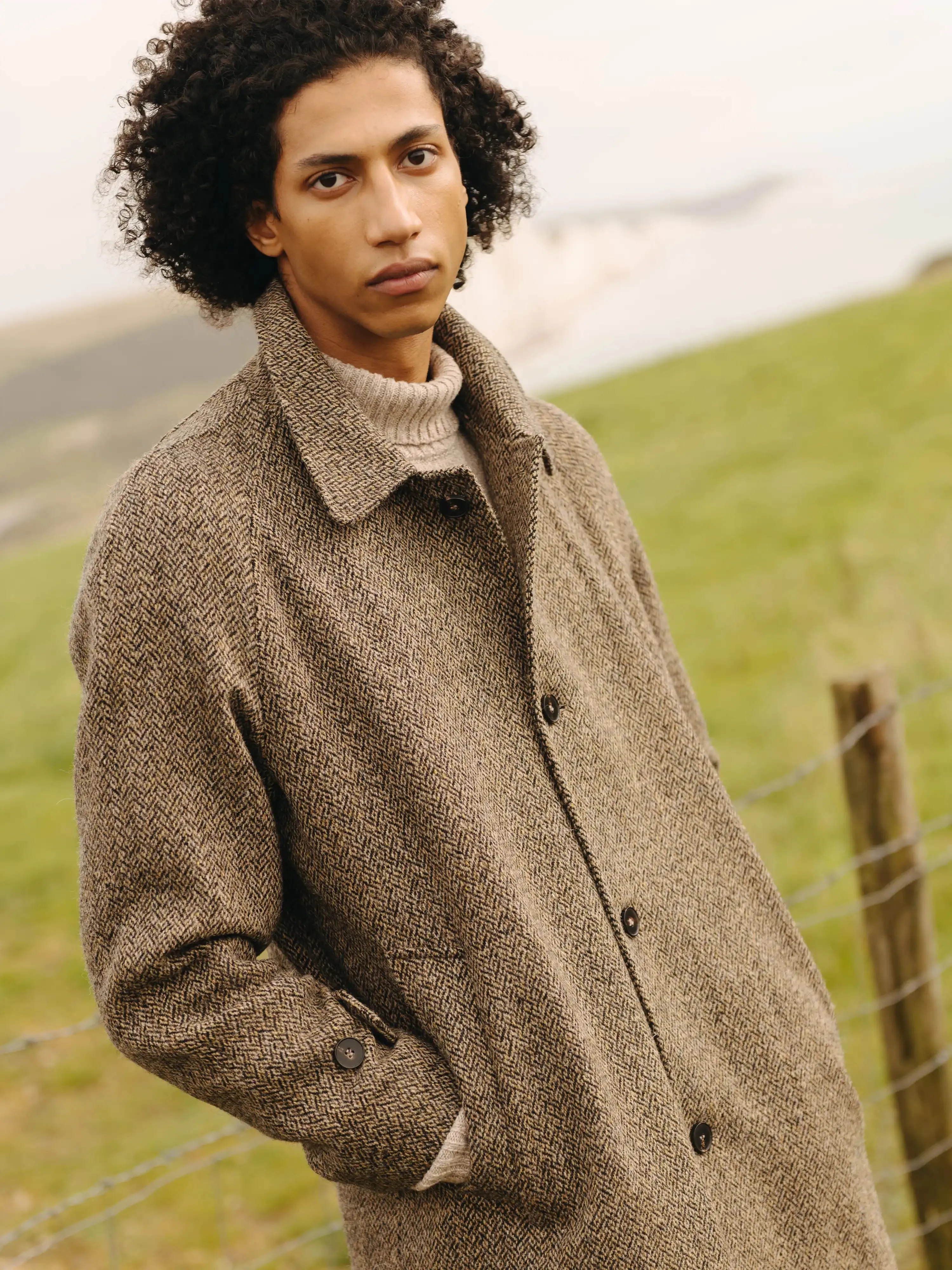 Brown Harris Tweed Herringbone Wool Raglan Overcoat