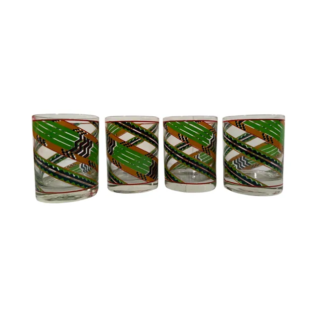 Cera Signed Mid-Century Green Aztec Southwestern Double Old Fashion Glasses (Set of 4)