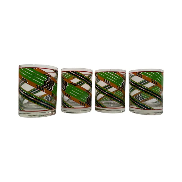 Cera Signed Mid-Century Green Aztec Southwestern Double Old Fashion Glasses (Set of 4)