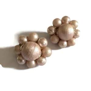 Champagne Textured Beaded Button Clip Earrings circa 1960s