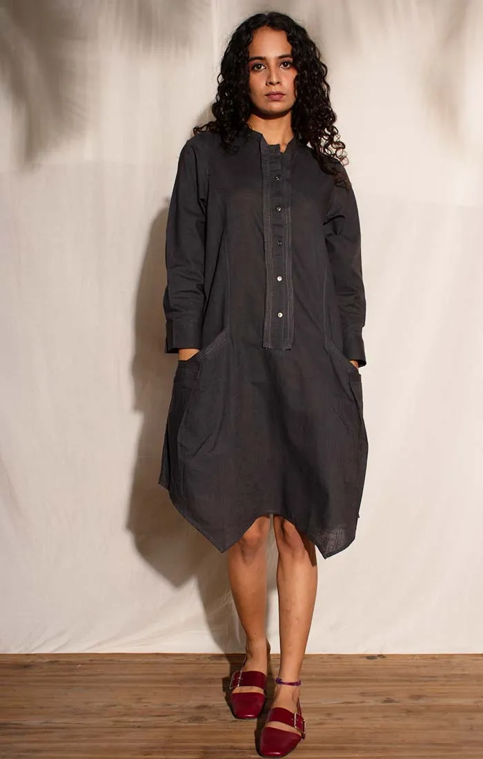 Cotton Linen Shirt Dress - Charcoal