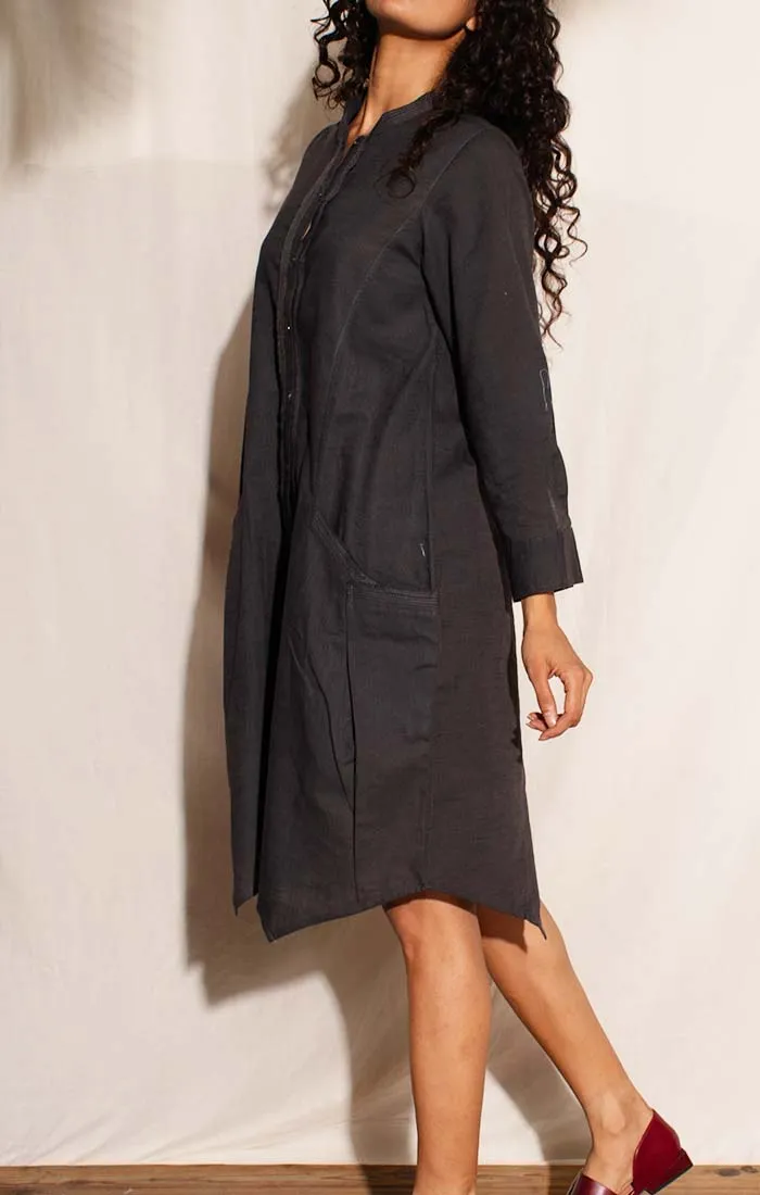 Cotton Linen Shirt Dress - Charcoal