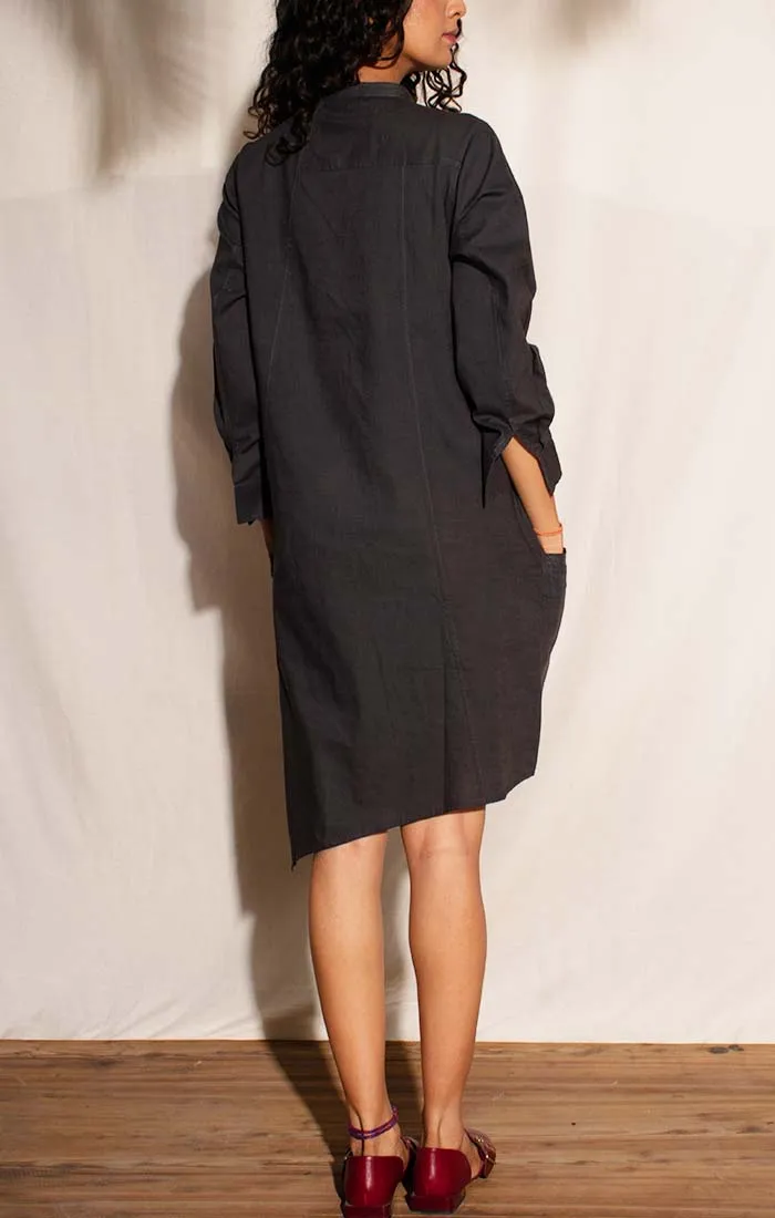 Cotton Linen Shirt Dress - Charcoal