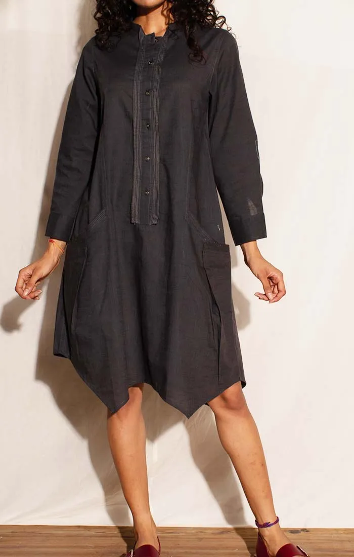 Cotton Linen Shirt Dress - Charcoal