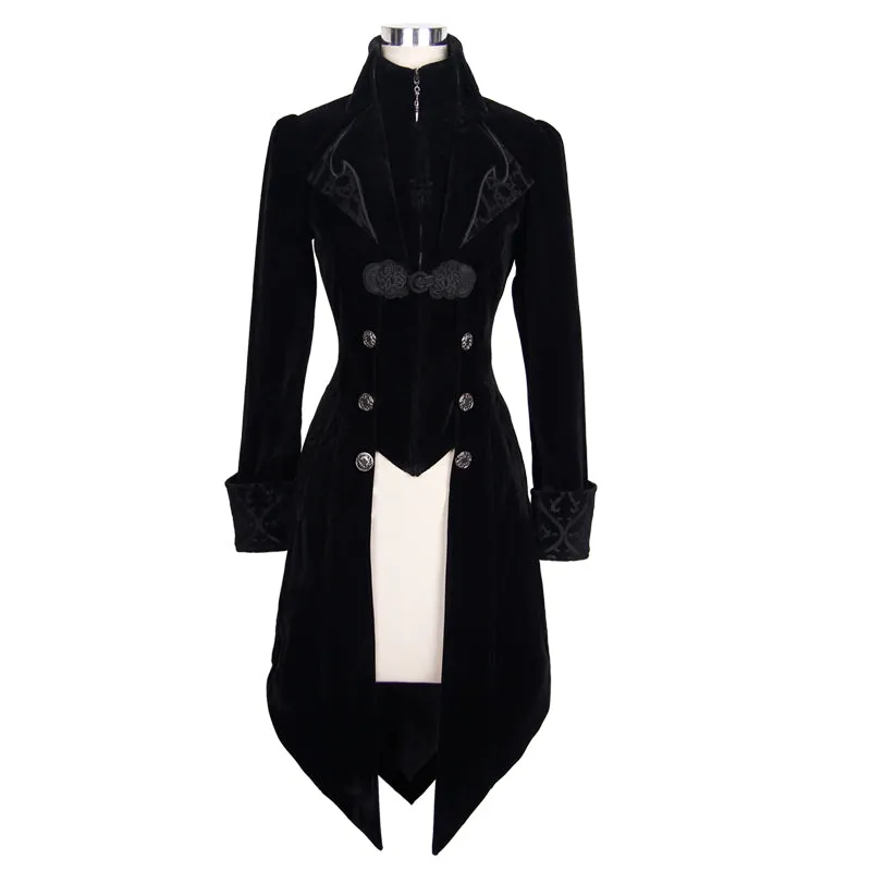 CT02001 gothic ladies embroidered high collar black dovetail velveteen coat