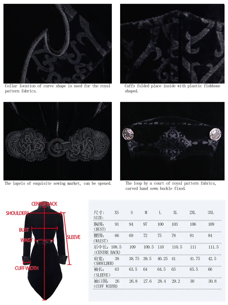 CT02001 gothic ladies embroidered high collar black dovetail velveteen coat