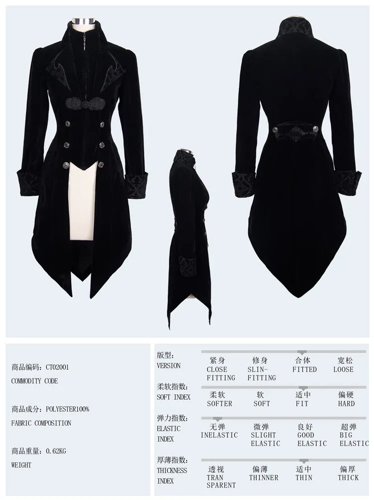 CT02001 gothic ladies embroidered high collar black dovetail velveteen coat