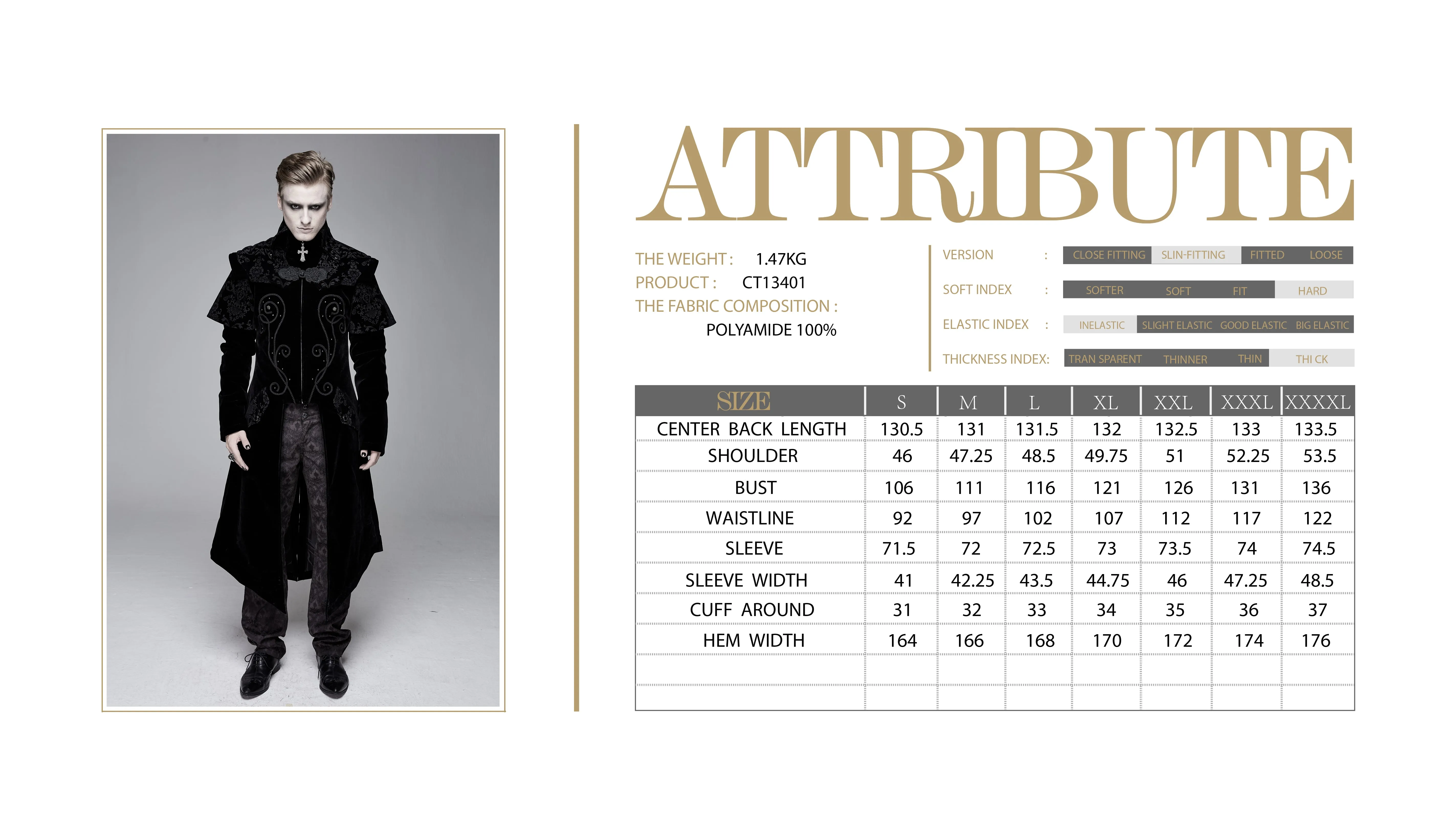 CT13401 Hand-embroidered cape collar black velveteen gothic coat for men