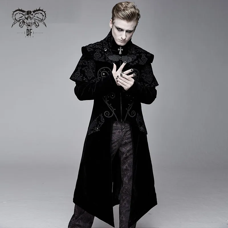 CT13401 Hand-embroidered cape collar black velveteen gothic coat for men