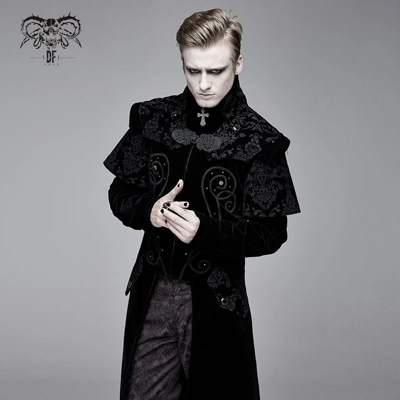 CT13401 Hand-embroidered cape collar black velveteen gothic coat for men