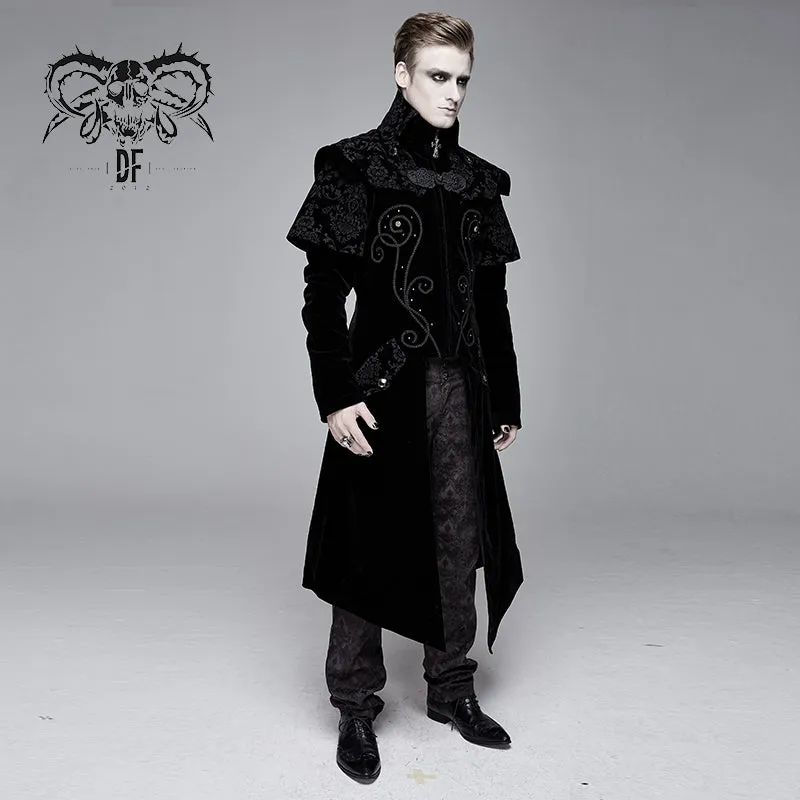 CT13401 Hand-embroidered cape collar black velveteen gothic coat for men