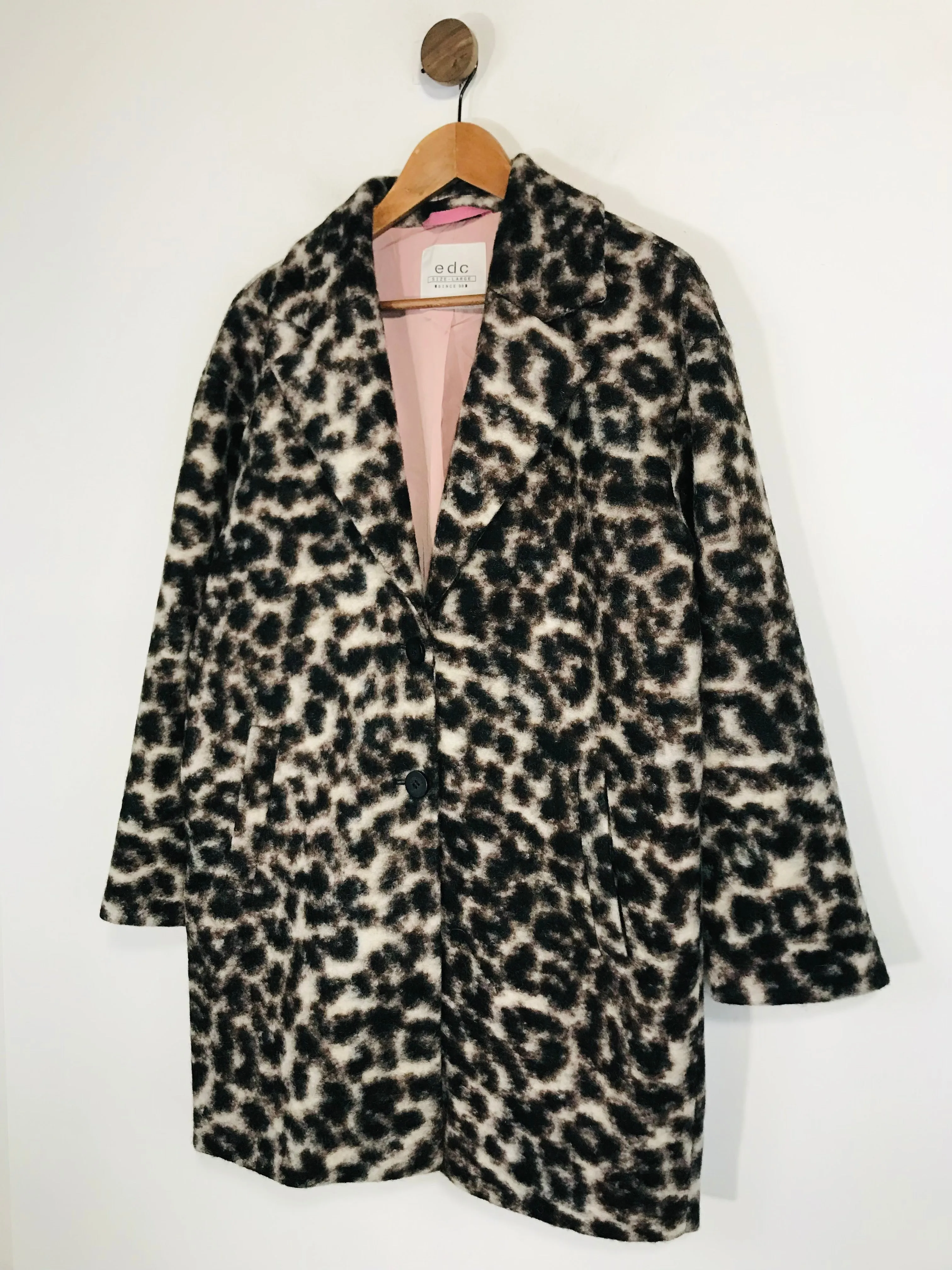 EDC Women's Wool Leopard Print Overcoat Coat | L UK14 | Brown