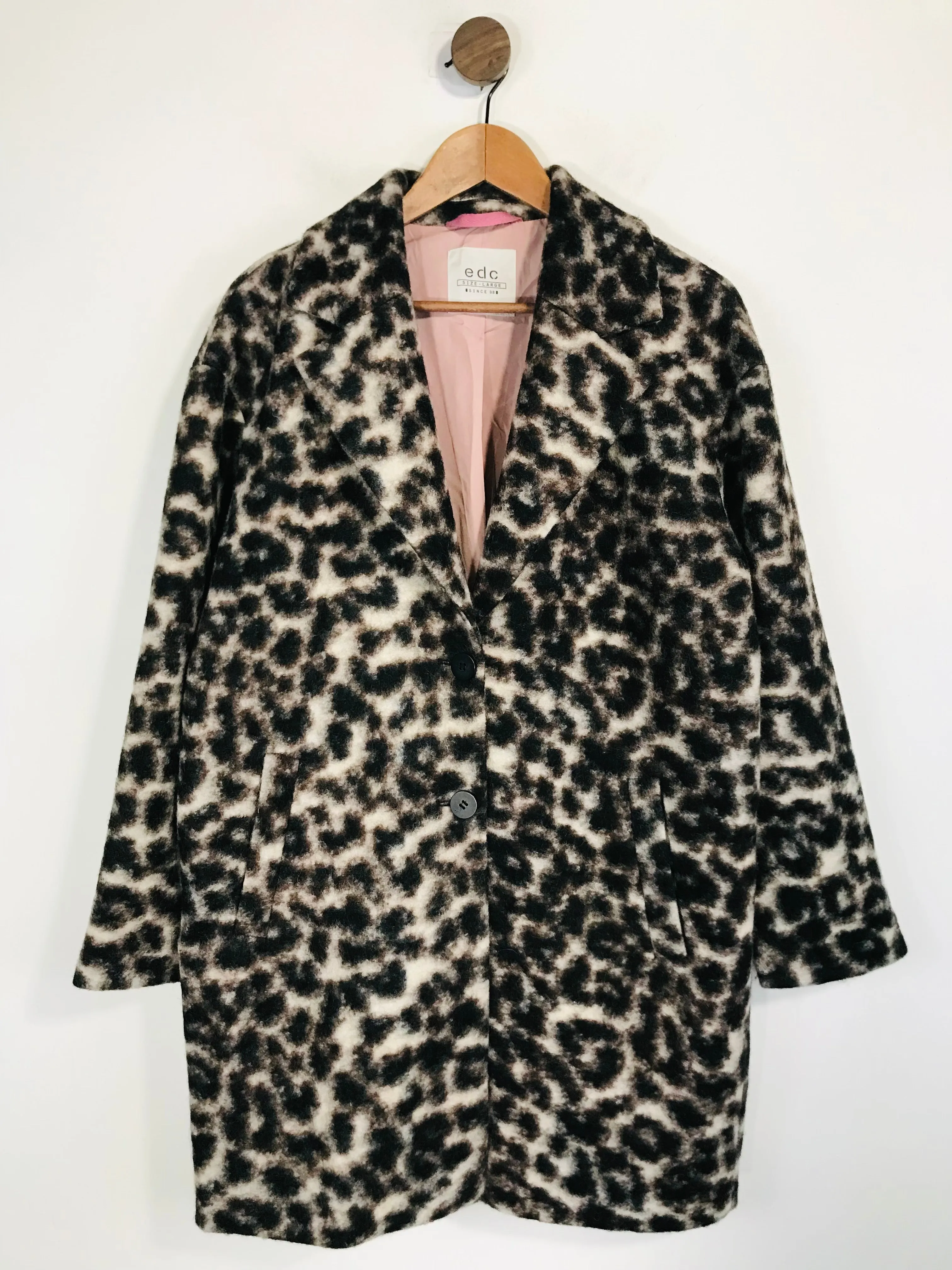 EDC Women's Wool Leopard Print Overcoat Coat | L UK14 | Brown