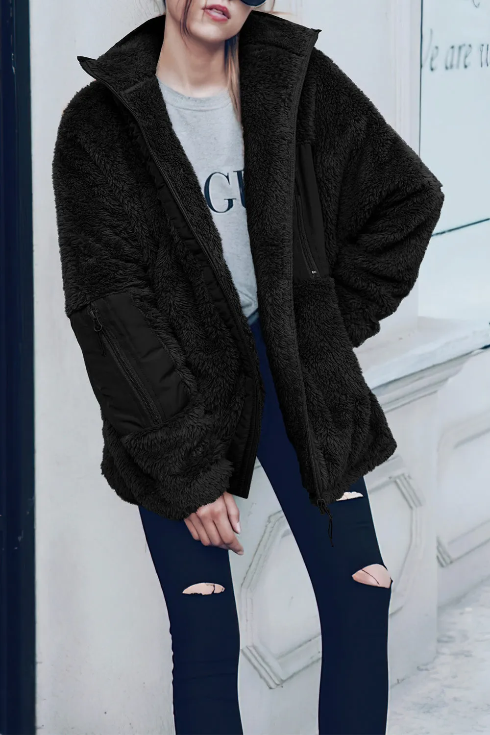 Full Zip Collared Outerwear Loose Fleece Teddy Coats