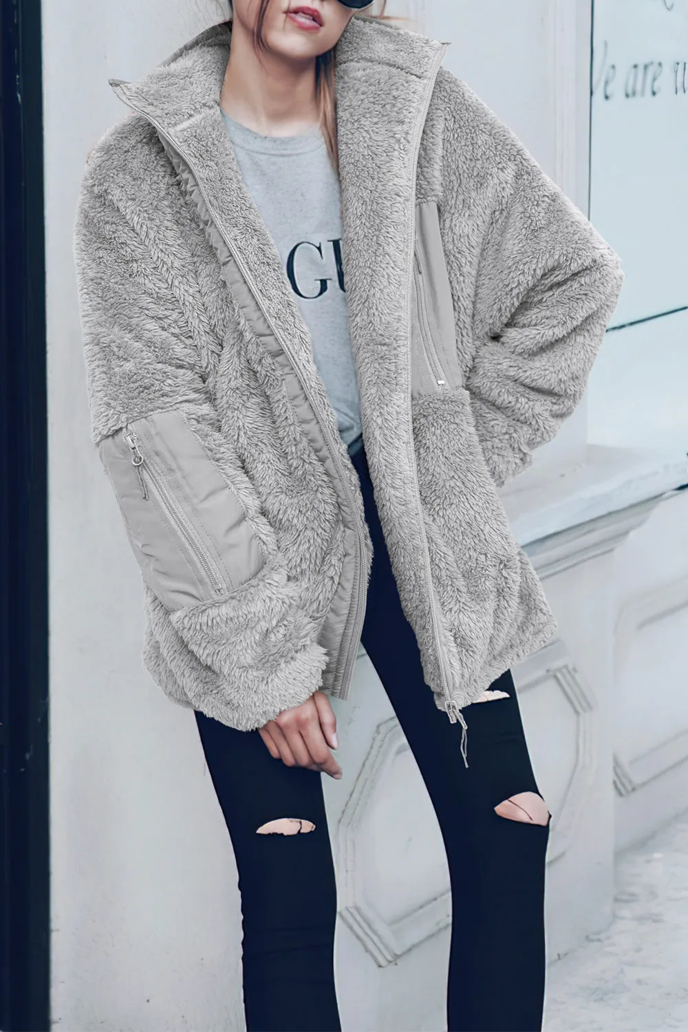 Full Zip Collared Outerwear Loose Fleece Teddy Coats