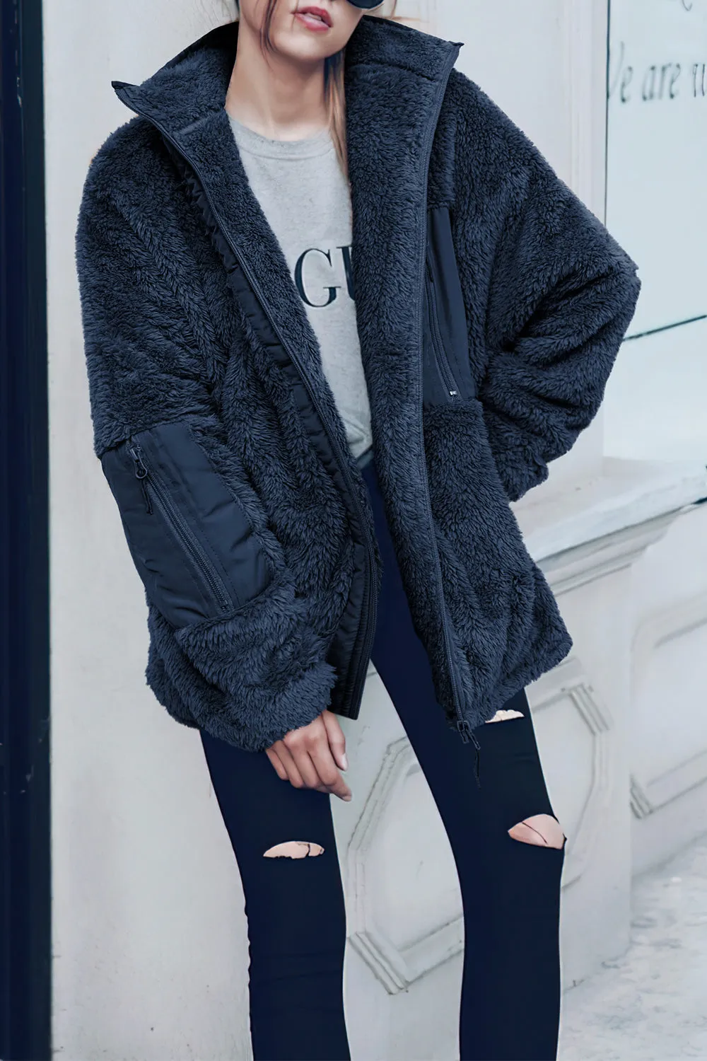 Full Zip Collared Outerwear Loose Fleece Teddy Coats