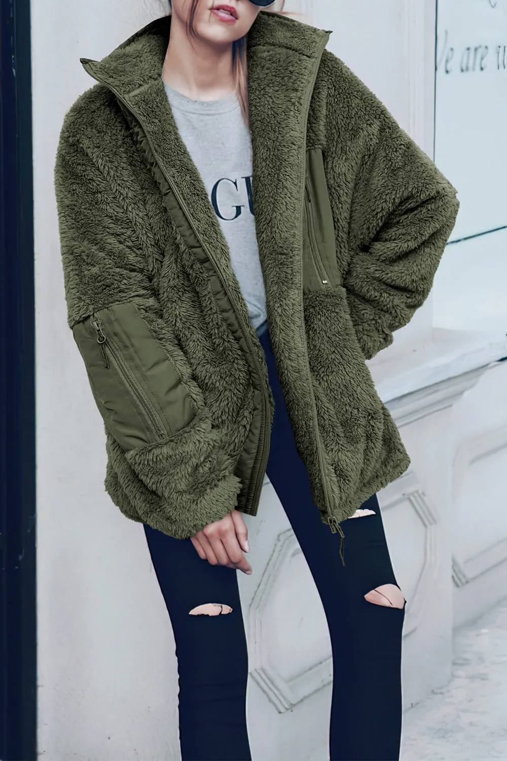 Full Zip Collared Outerwear Loose Fleece Teddy Coats