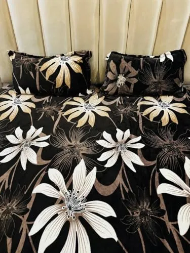 Furnistitchs Warm Flannel Bedsheet for Double Bed Elastic Fitted with 2 King Size Pillow Covers 78x72 inches - Winter Bedsheets Queen Size Bedspread (Mocha Floral, Double Fitted)