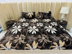 Furnistitchs Warm Flannel Bedsheet for Double Bed Elastic Fitted with 2 King Size Pillow Covers 78x72 inches - Winter Bedsheets Queen Size Bedspread (Mocha Floral, Double Fitted)