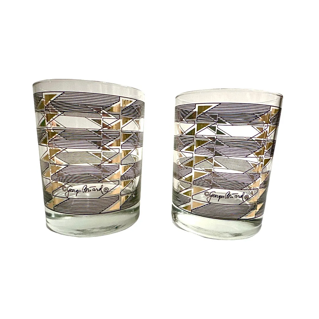 Georges Briard Signed Gold Triangle Black Stripes Double Old Fashion Glasses (Set of 2)