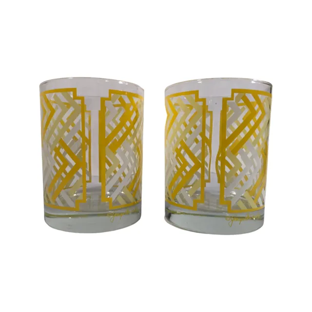 Georges Briard Signed Mid-Century Yellow Chevron Double Old Fashion Glasses (Set of 2)