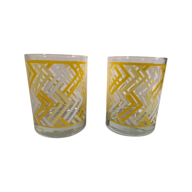 Georges Briard Signed Mid-Century Yellow Chevron Double Old Fashion Glasses (Set of 2)