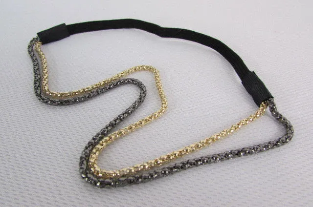 Gold Gunmetal Mesh Metal Head Band Chain Elastic Black Band