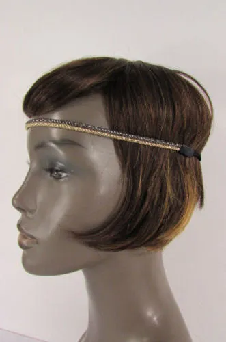 Gold Gunmetal Mesh Metal Head Band Chain Elastic Black Band